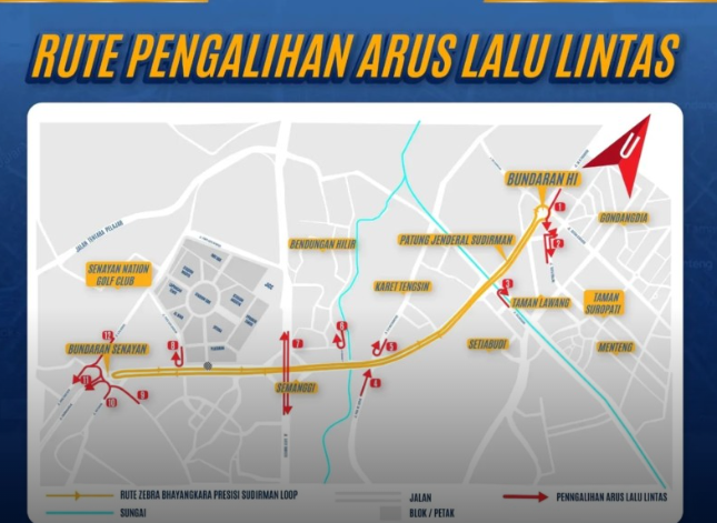 Pengalihan arus lalu lintas saat balap sepeda Zebra Bhayangkara Presisi Sudirman Loop, Jakarta. (Korlantas Polri)